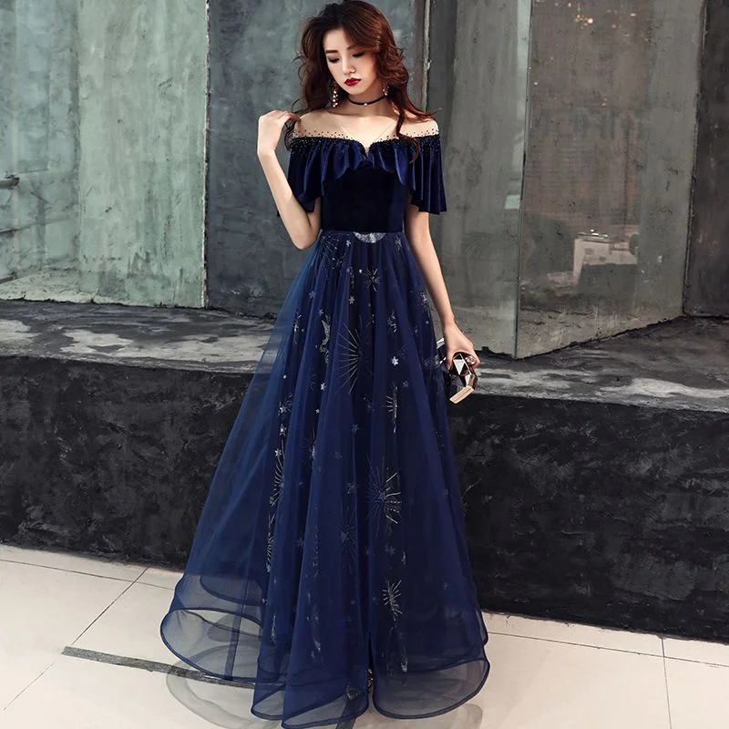 Party Dresses for Beach VacationsBlue velvet tulle prom dress A line evening dress  8480