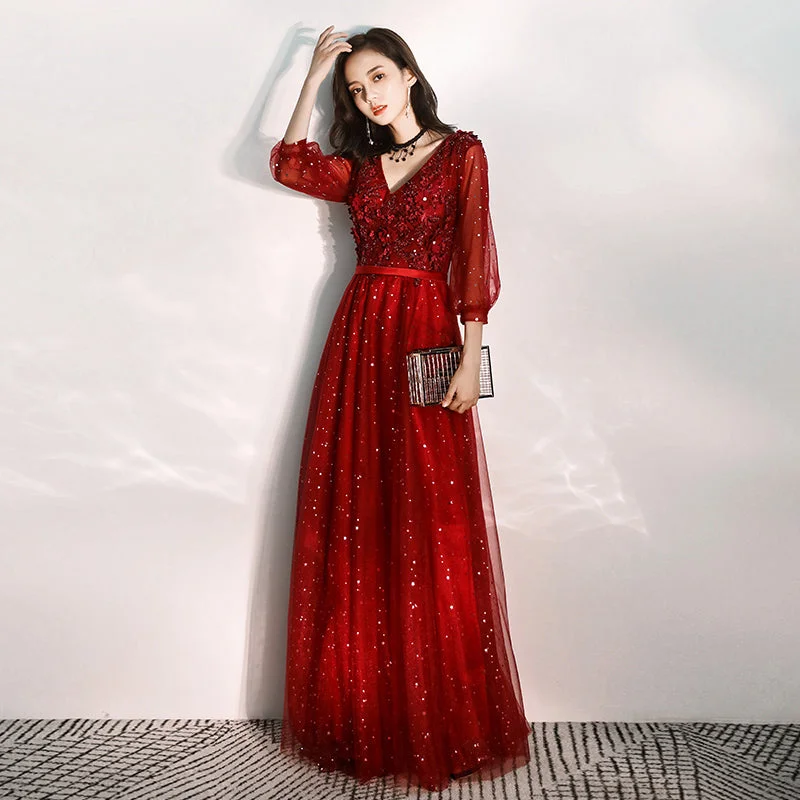 Party Dresses for AutumnBurgundy lace long prom dress formal dress  8293