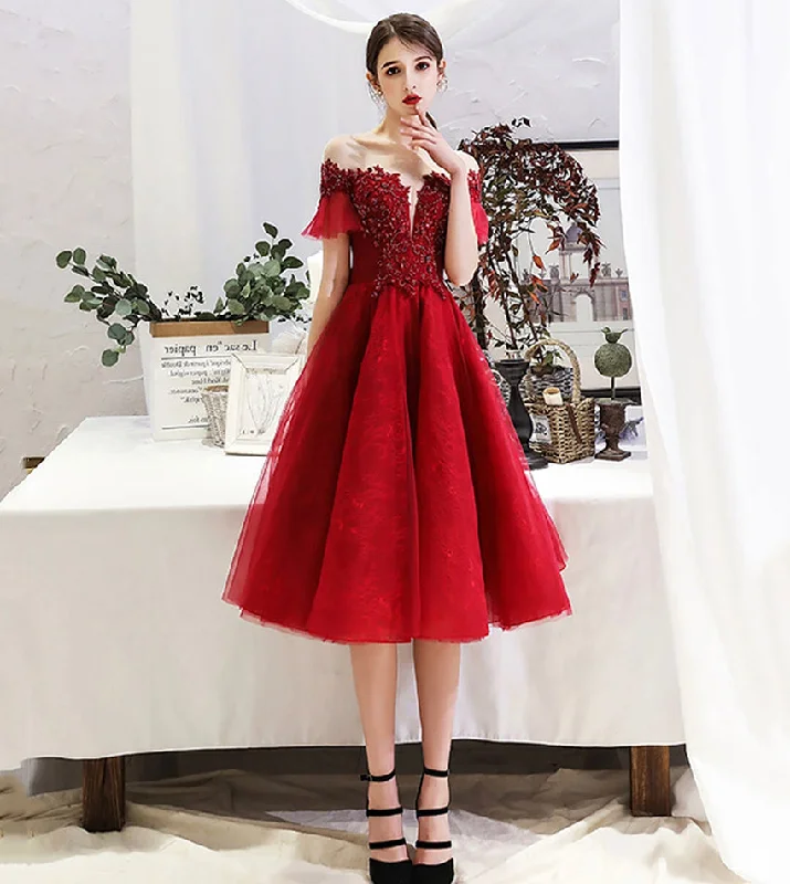 Party Dresses with Metallic AccentsBurgundy lace short prom dress party dress  8527