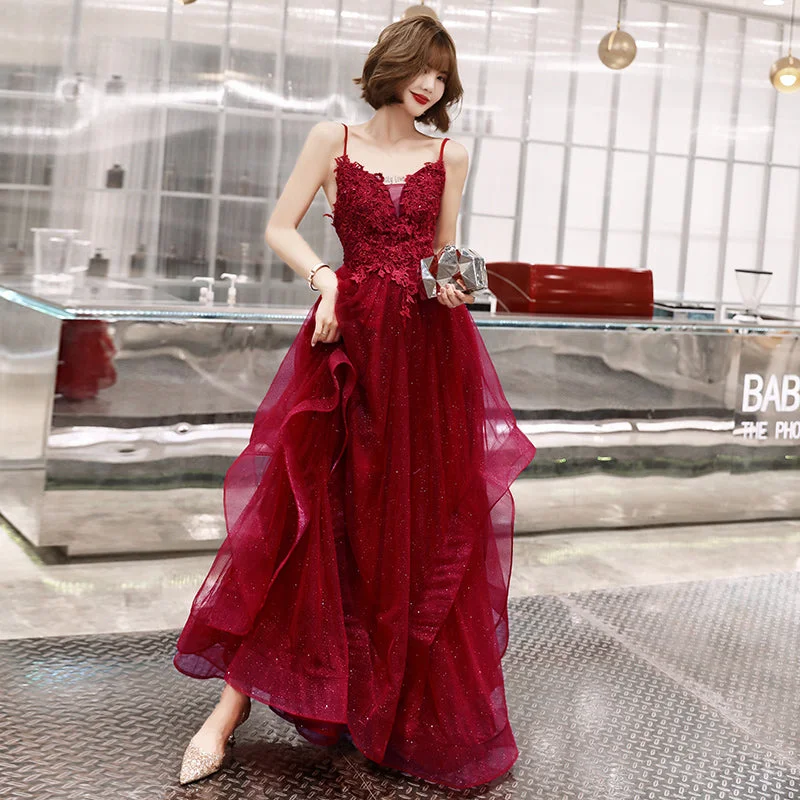 Party Dresses for Running ErrandsBurgundy lace tulle long A line prom dress  8220