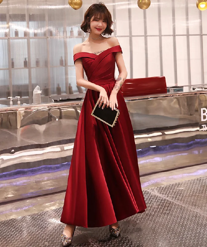 Party Dresses with Off-the-Shoulder SleevesBurgundy satin A line prom dress party dress 8381 Party Dresses with Off-the-Shoulder SleevesBurgundy satin A line prom dress party dress 8381