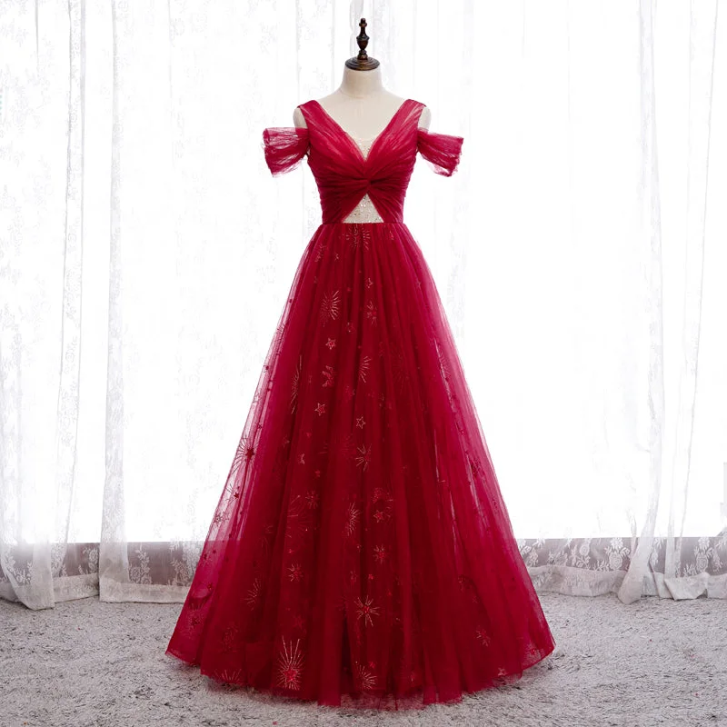 Linen Party DressesBurgundy tulle beads long prom dress  8260