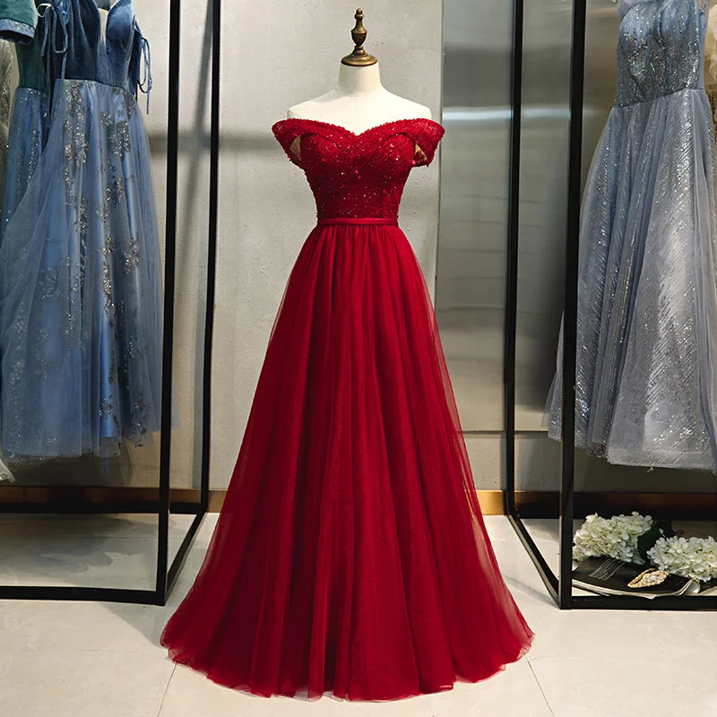 Party Dresses for Grocery ShoppingBurgundy tulle beads long prom dress, evening dress 8219 Party Dresses for Grocery ShoppingBurgundy tulle beads long prom dress, evening dress 8219