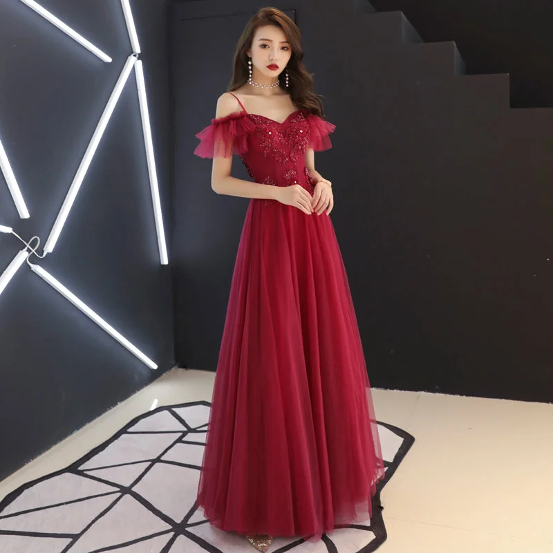 Party Dresses for Fashion ShowsBurgundy tulle lace long prom dress, burgundy evening dress  7967