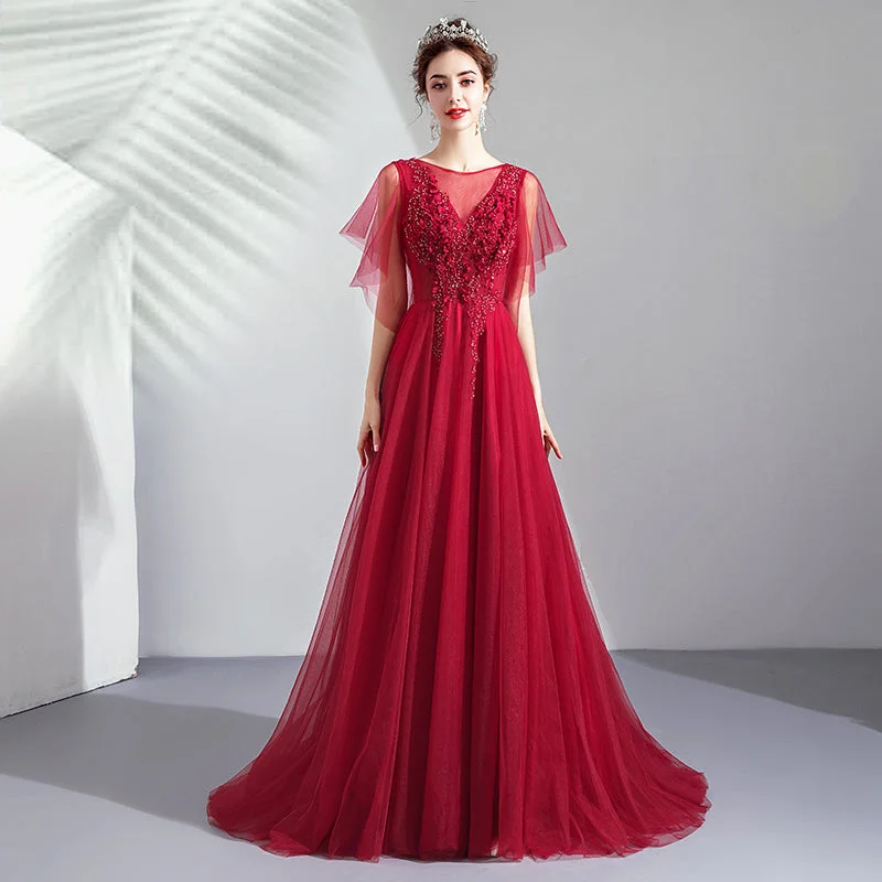 Knit Party DressesBurgundy tulle lace long prom dress evening dress  8256