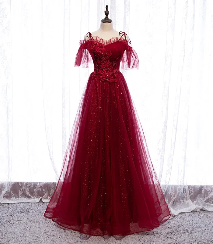 Party Dresses with SleevesBurgundy tulle lace long prom dress evening dress  8305