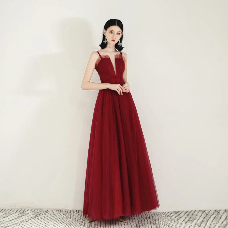Party Dresses with Magnetic ClosureBurgundy tulle long prom dress  8168