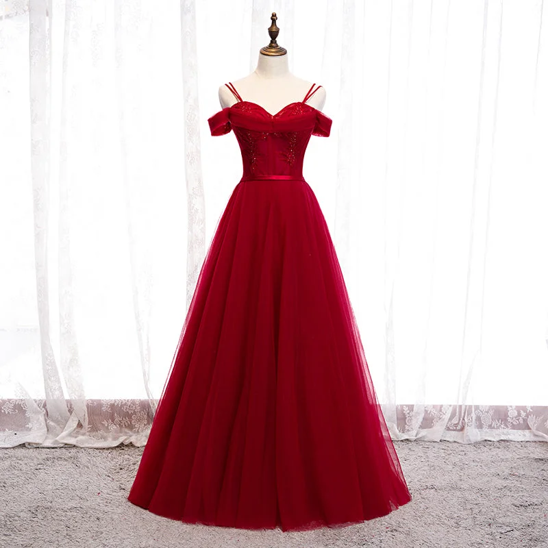 Cotton Party DressesBurgundy tulle long prom dress evening dress  8261