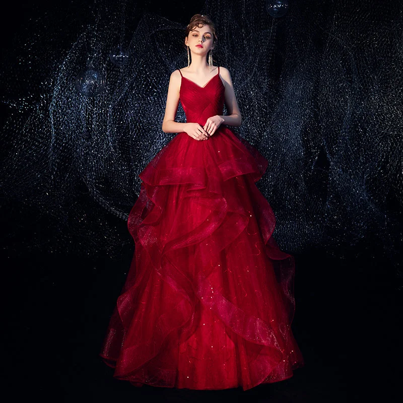 Party Dresses with Backless DesignBurgundy tulle long prom dress formal dress  8295