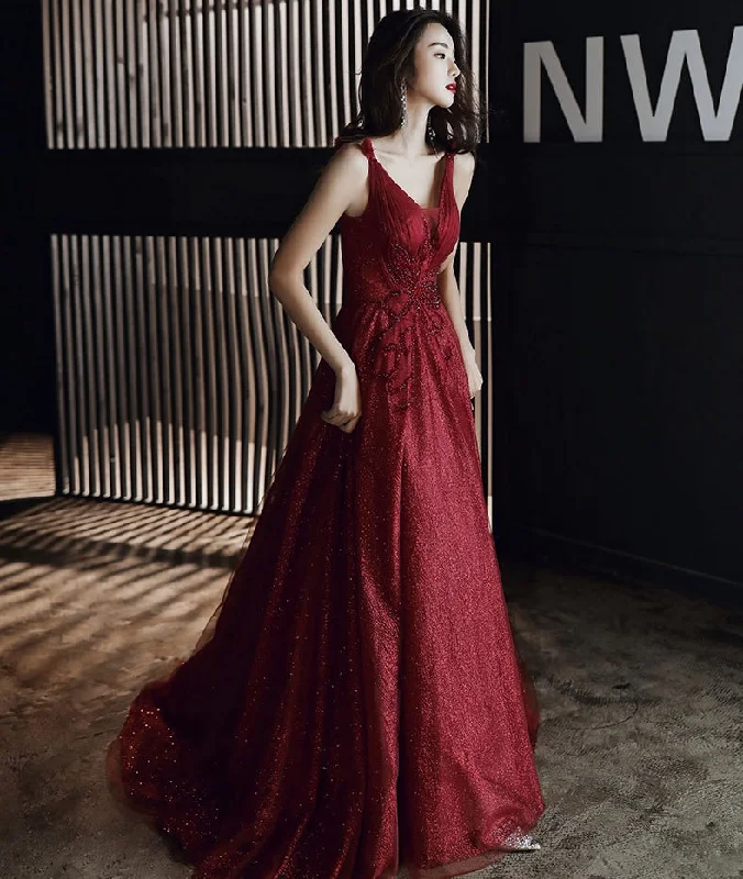 Party Dresses for VacationBurgundy tulle long prom dress party dress 8254