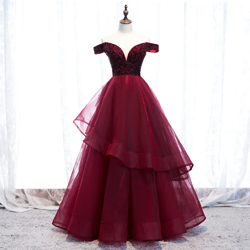 Party Dresses for Outdoor EventsBurgundy tulle long prom gown formal dress  8270