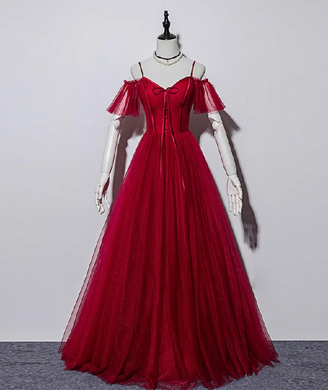 Party Dresses with Faux Fur TrimBurgundy tulle long prom gown formal dress  8496