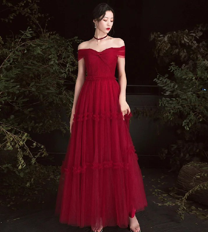 Party Dresses for Indoor ActivitiesBurgundy tulle off shoulder prom dress evening dress 8391 Party Dresses for Indoor ActivitiesBurgundy tulle off shoulder prom dress evening dress 8391