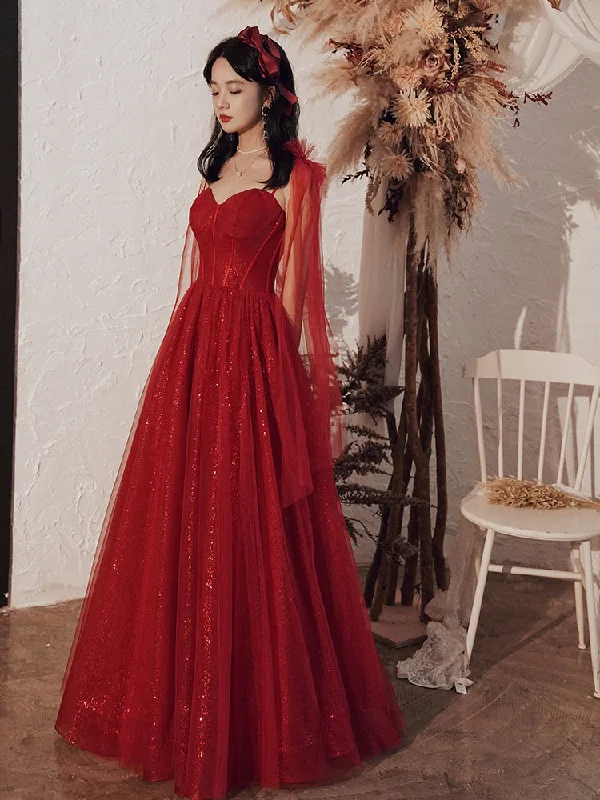 Party Dresses with Solid ColorsBurgundy tulle sequins long prom dress  8263
