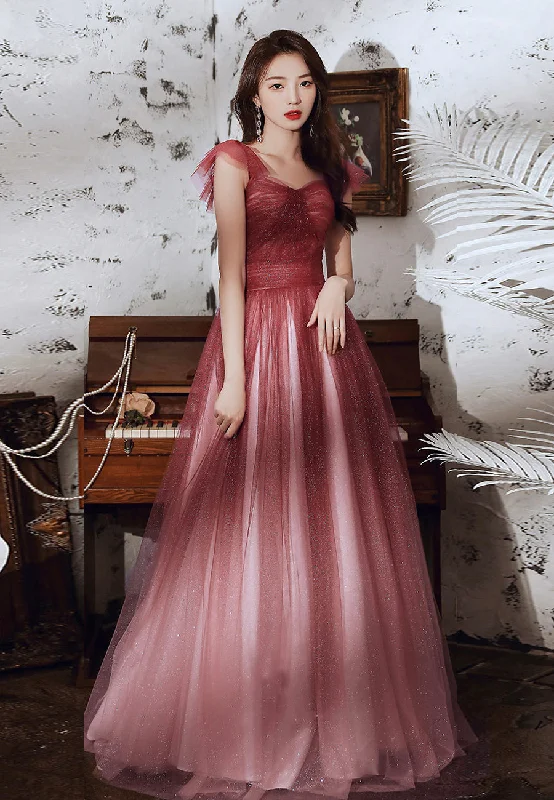 Party Dresses for New Year's EveBurgundy tulle sequins long prom dress  8313