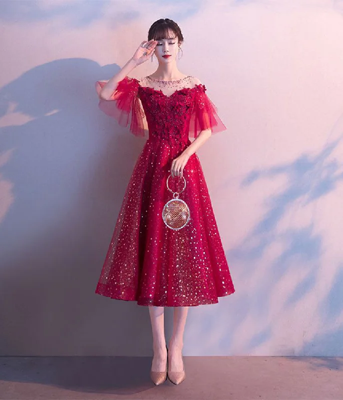 Winter Party DressesBurgundy tulle sequins prom dress evening dress  8339