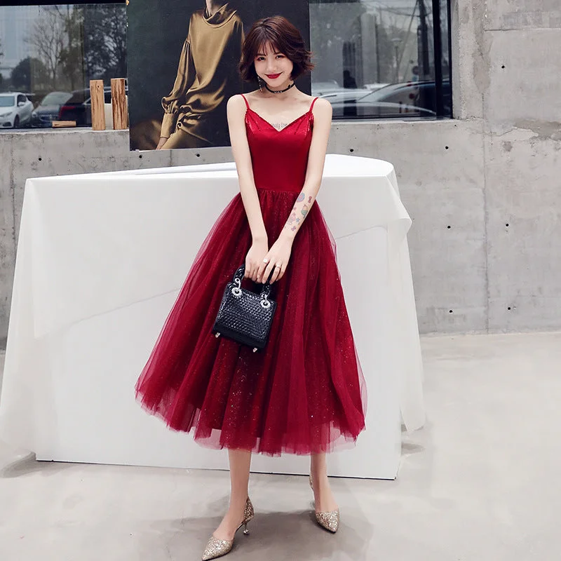 Party Dresses for Nighttime WearBurgundy tulle short prom dress cocktail dress  8357