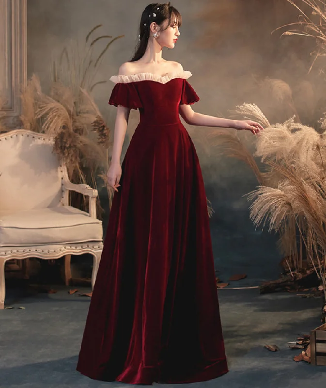 Party Dresses with Bell SleevesBurgundy velvet long prom dress evening dress  8383