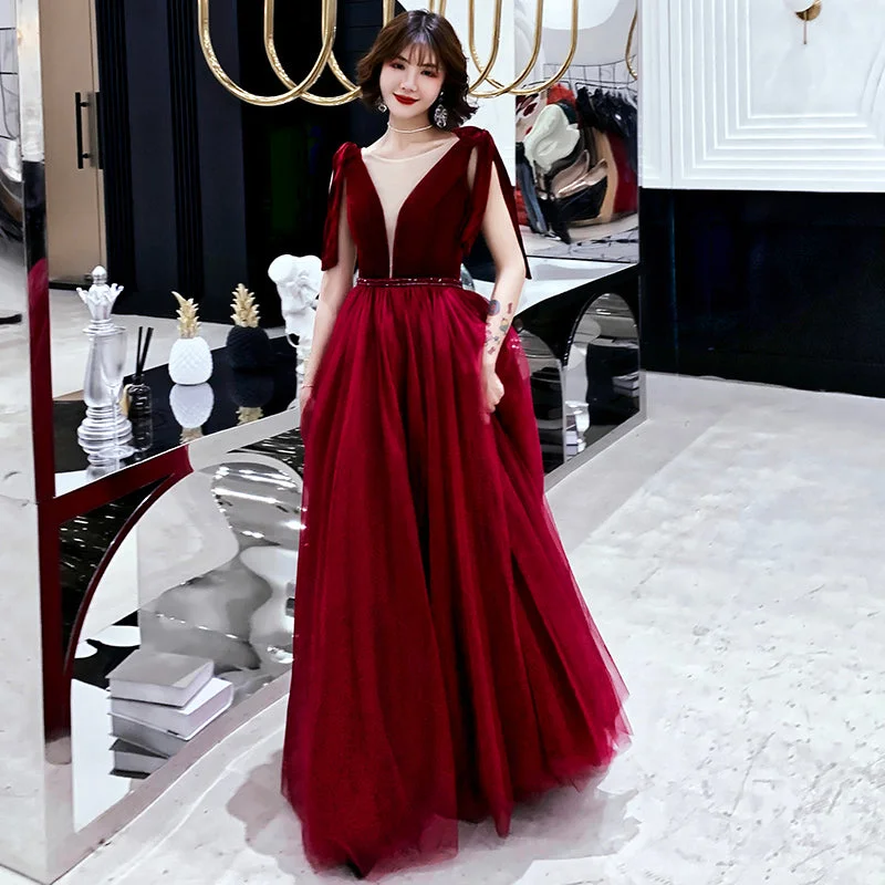 Party Dresses with Faux Fur TrimBurgundy velvet tulle long prom dress party dress 8193 Party Dresses with Faux Fur TrimBurgundy velvet tulle long prom dress party dress 8193