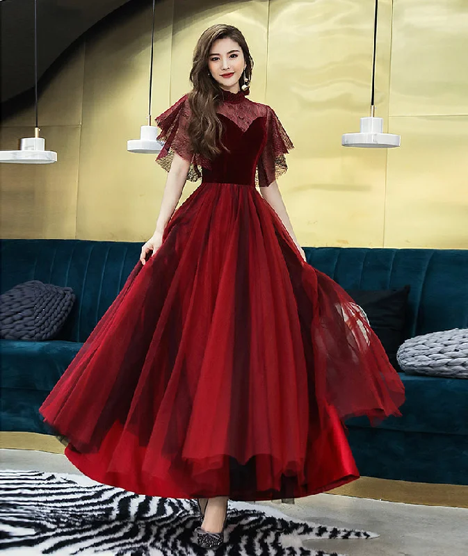 Party Dresses with Cold Shoulder SleevesBurgundy velvet tulle prom dress burgundy evening dress 8380 Party Dresses with Cold Shoulder SleevesBurgundy velvet tulle prom dress burgundy evening dress 8380