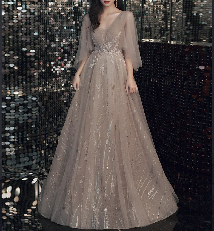 Party Dresses with Elastic ClosureChampagne lace sequins long ball gown dress formal dress  8474
