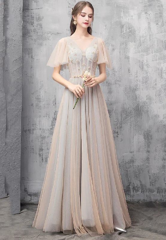 Party Dresses with Velvet DetailsChampagne tulle beads prom dress evening dress  8494