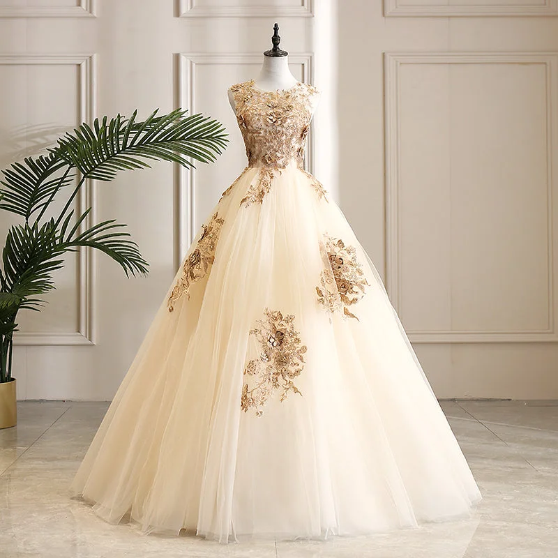 Party Dresses for Special OccasionsChampagne tulle lace long prom gown formal dress  8250