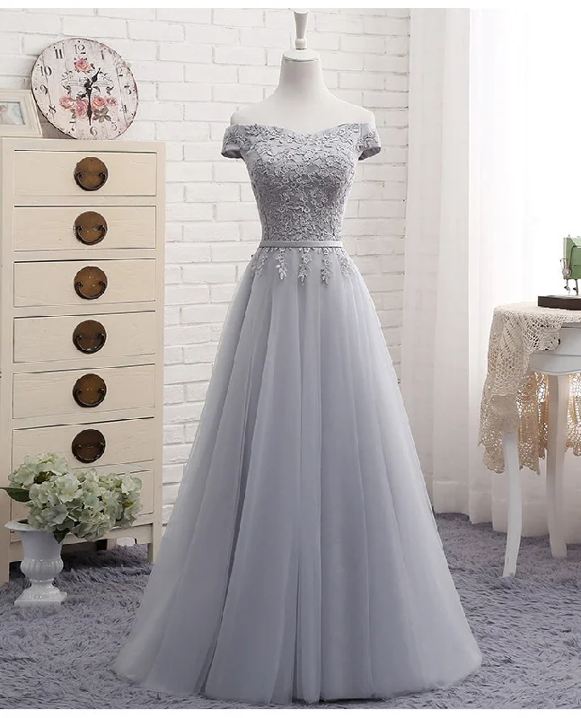Party Dresses for Spring BreakCute A line gray lace off shoulder prom dress, cheap evening dresses 7792 Party Dresses for Spring BreakCute A line gray lace off shoulder prom dress, cheap evening dresses 7792