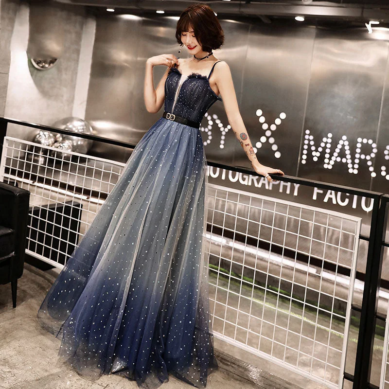 Party Dresses with Photo PrintsDark blue tulle long prom dress, evening dress  7983