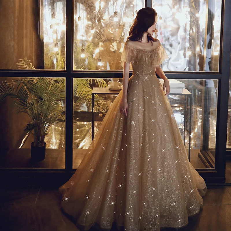 Party Dresses with Button ClosureGold sequins tulle long prom dress  8171