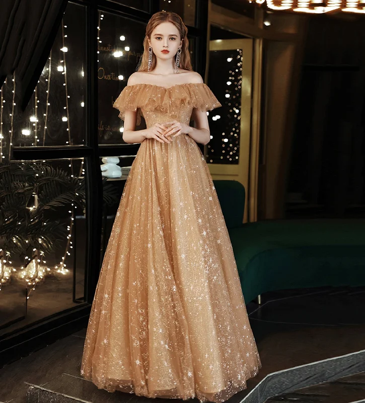 Party Dresses with Monochromatic ColorsGold tulle sequins long prom dress evening dress  8508