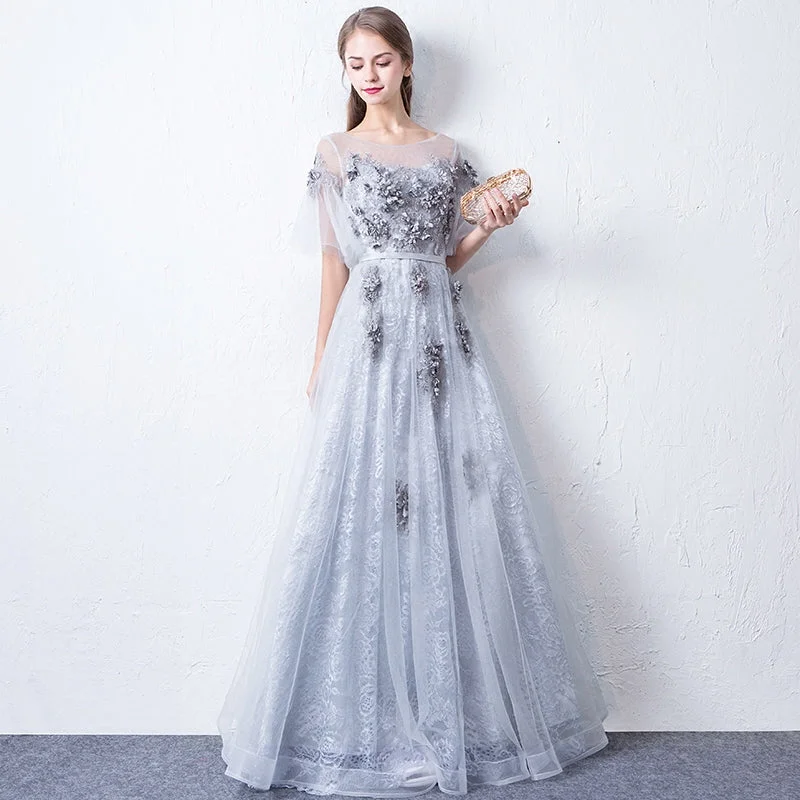 Party Dresses for Design CompetitionsGray round neck tulle lace long prom dress, evening dress 7942 Party Dresses for Design CompetitionsGray round neck tulle lace long prom dress, evening dress 7942