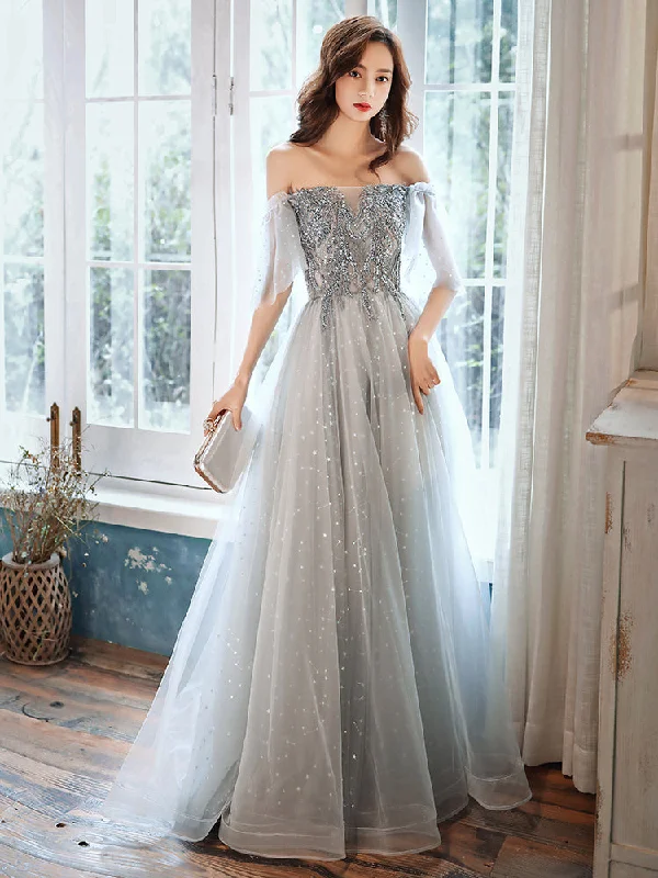 Party Dresses for Smart CasualGray tulle beads prom dress evening dress  8378