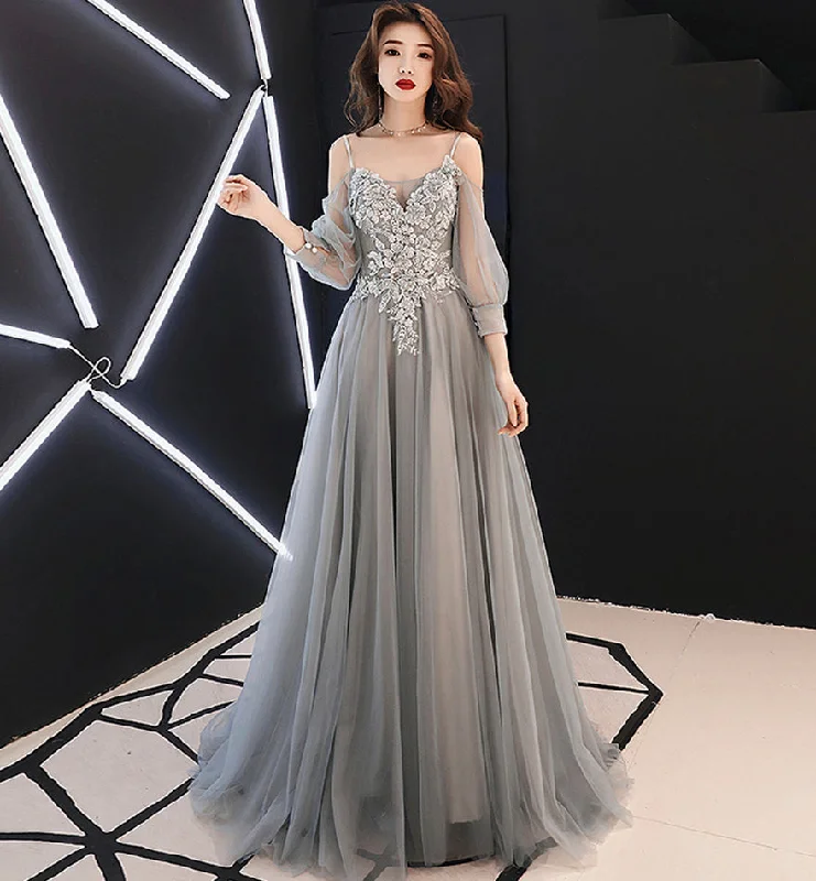 Party Dresses with Button ClosureGray tulle lace long A line prom dress evening dress  8477