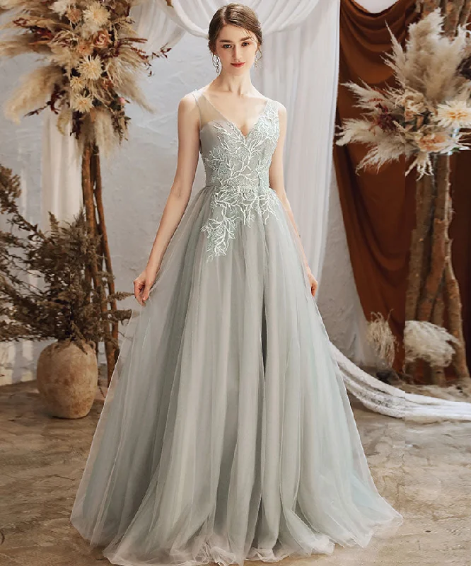 Party Dresses with Polka DotsGray tulle lace long prom dress evening dress  8265