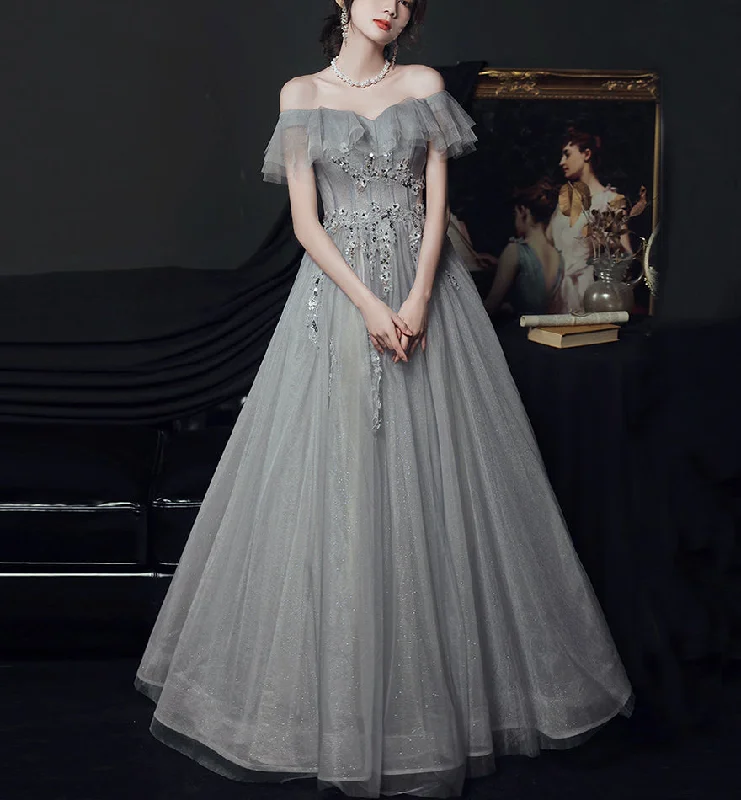 Party Dresses with Wind TurbinesGray tulle lace long prom dress evening dress  8436