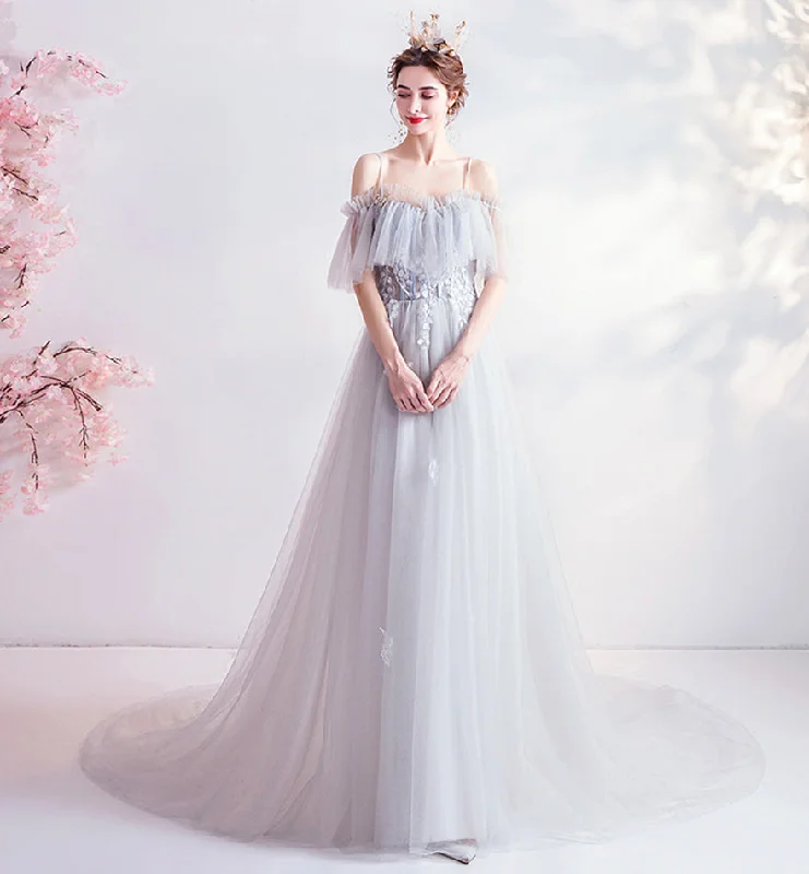 Party Dresses for Movie NightsGray tulle lace long prom dress evening dress  8453