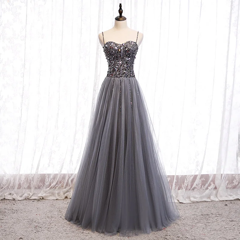 Party Dresses for Easter CelebrationsGray tulle sequins long prom dress  8158