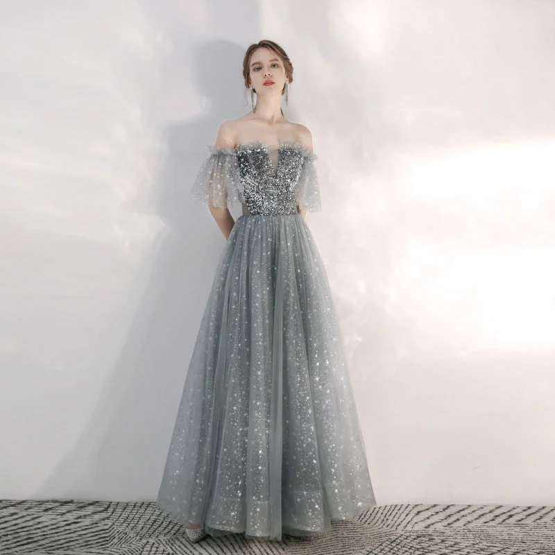 Party Dresses with Elastic ClosureGray tulle sequins long prom gown  8169