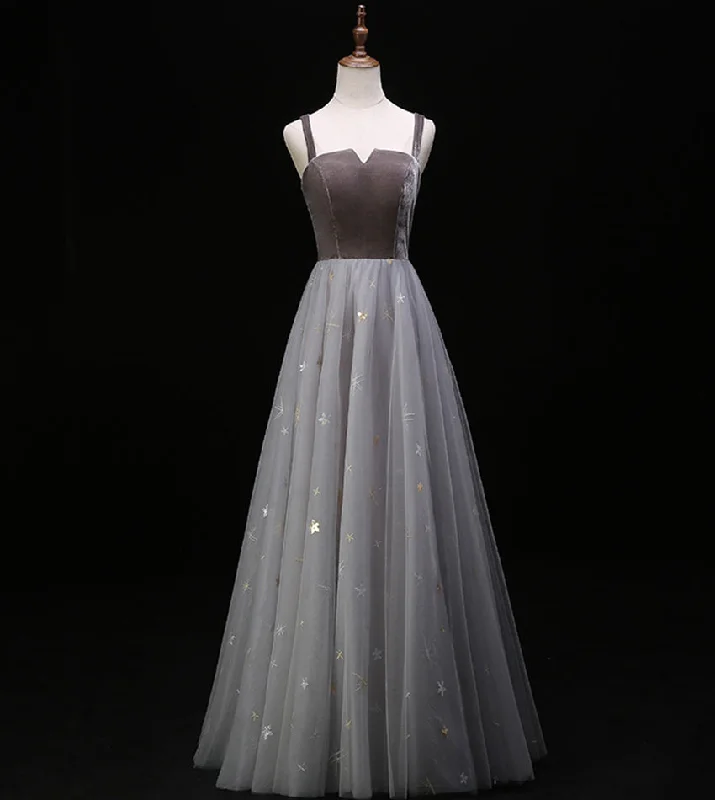Party Dresses for Sports EventsGray velvet tulle prom dress evening dress  8390