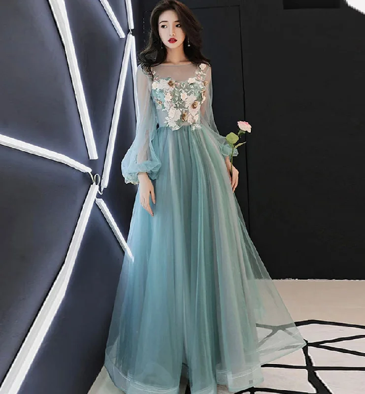 Party Dresses with Tie ClosureGreen lace applique prom dress A line evening dress  8476