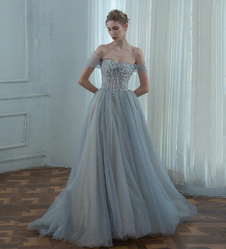 Party Dresses for Charity EventsGrey tulle beads long prom dress evening dress  8498