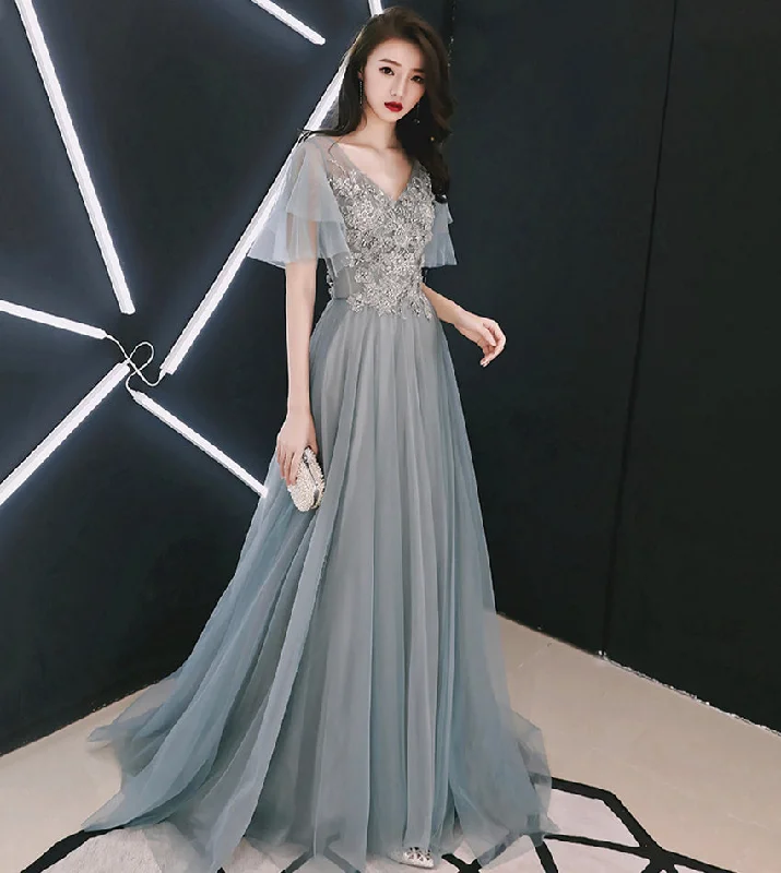 Party Dresses for Museum VisitsGrey tulle lace long prom dress lace evening dress  8532