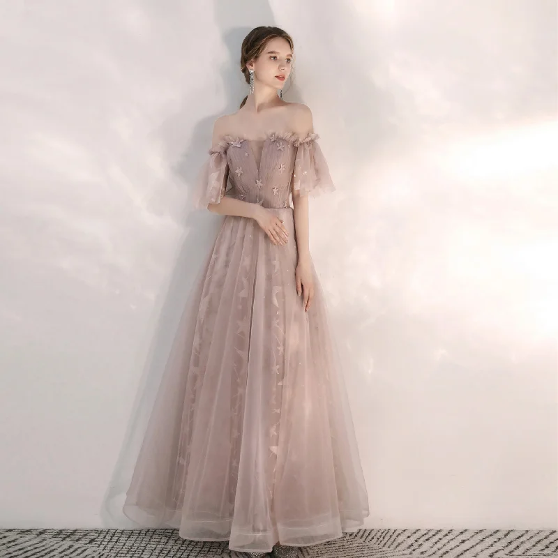 Party Dresses with Tie ClosureLight pink tulle long prom gown  8170
