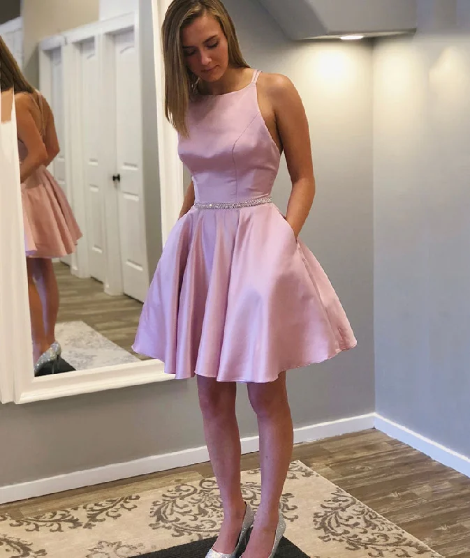 Party Dresses for Art ExhibitionsPink satin short prom dress cute homecoming dress 8387 Party Dresses for Art ExhibitionsPink satin short prom dress cute homecoming dress 8387