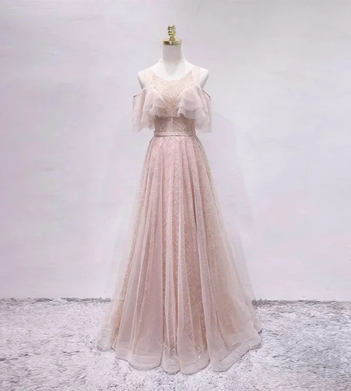 Party Dresses for Hiking TripsPink sequins tulle long prom dress  8175