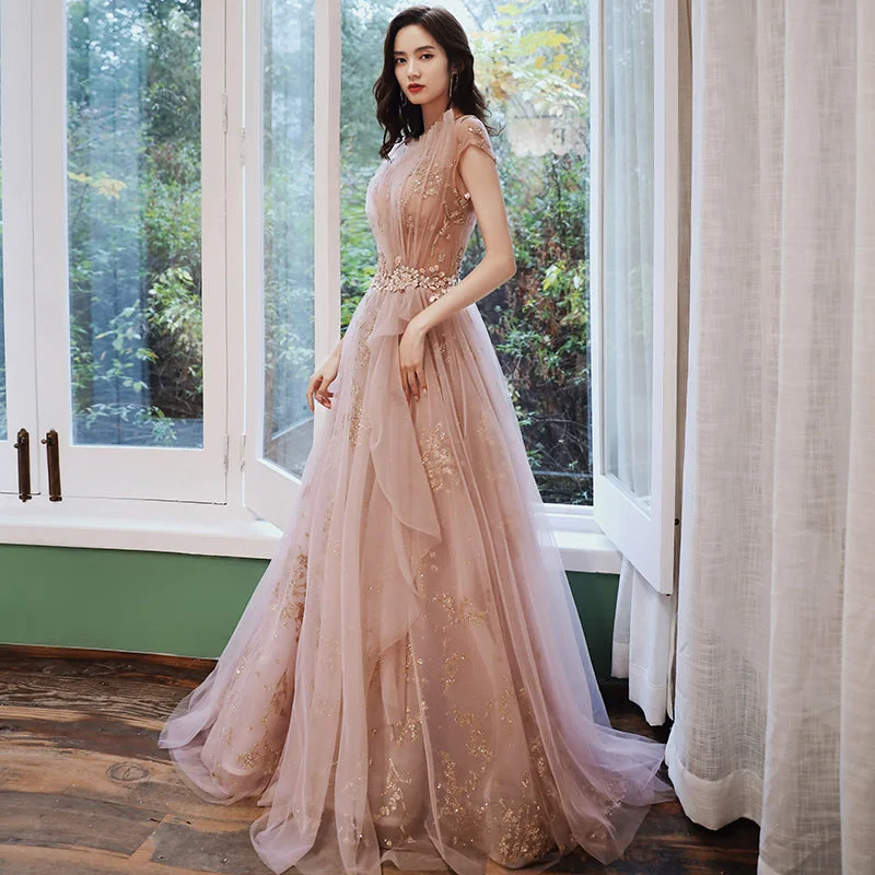 Party Dresses for Art GalleriesPink tulle sequins prom dress evening dress  8238