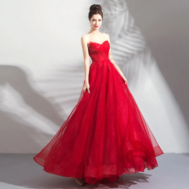 Party Dresses with Low NeckRed tulle long prom dress red evening dress  8297