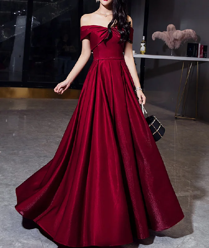Party Dresses with Cotton BlendShiny satin long prom dress burgundy evening dress  8489