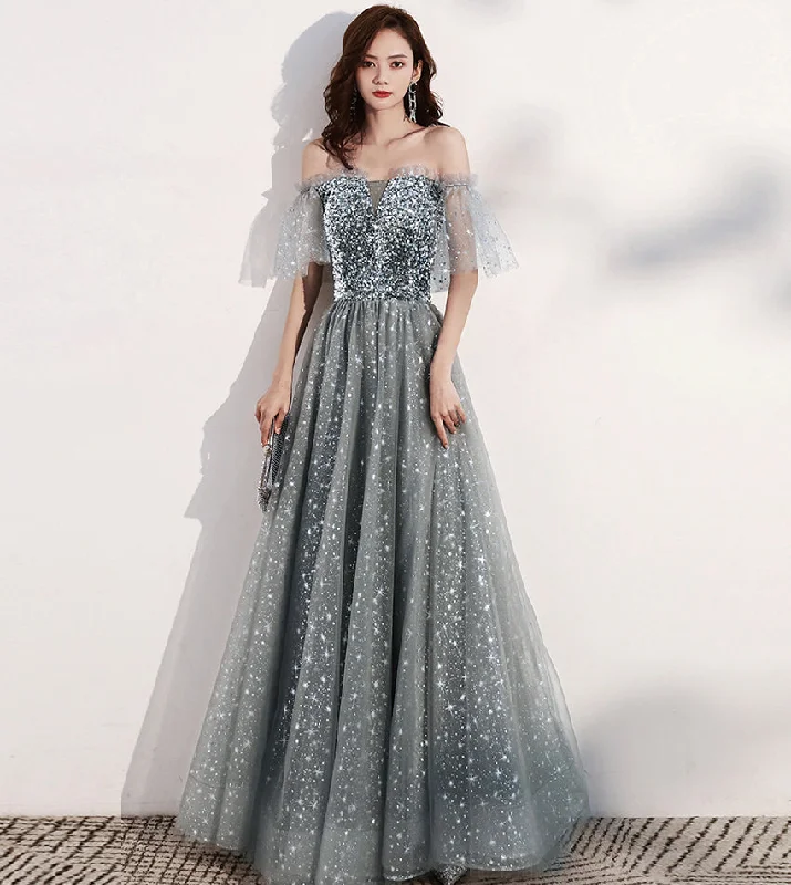 Party Dresses with Recycled MaterialsShiny tulle long prom dress with sequins gray evening dress 8405 Party Dresses with Recycled MaterialsShiny tulle long prom dress with sequins gray evening dress 8405